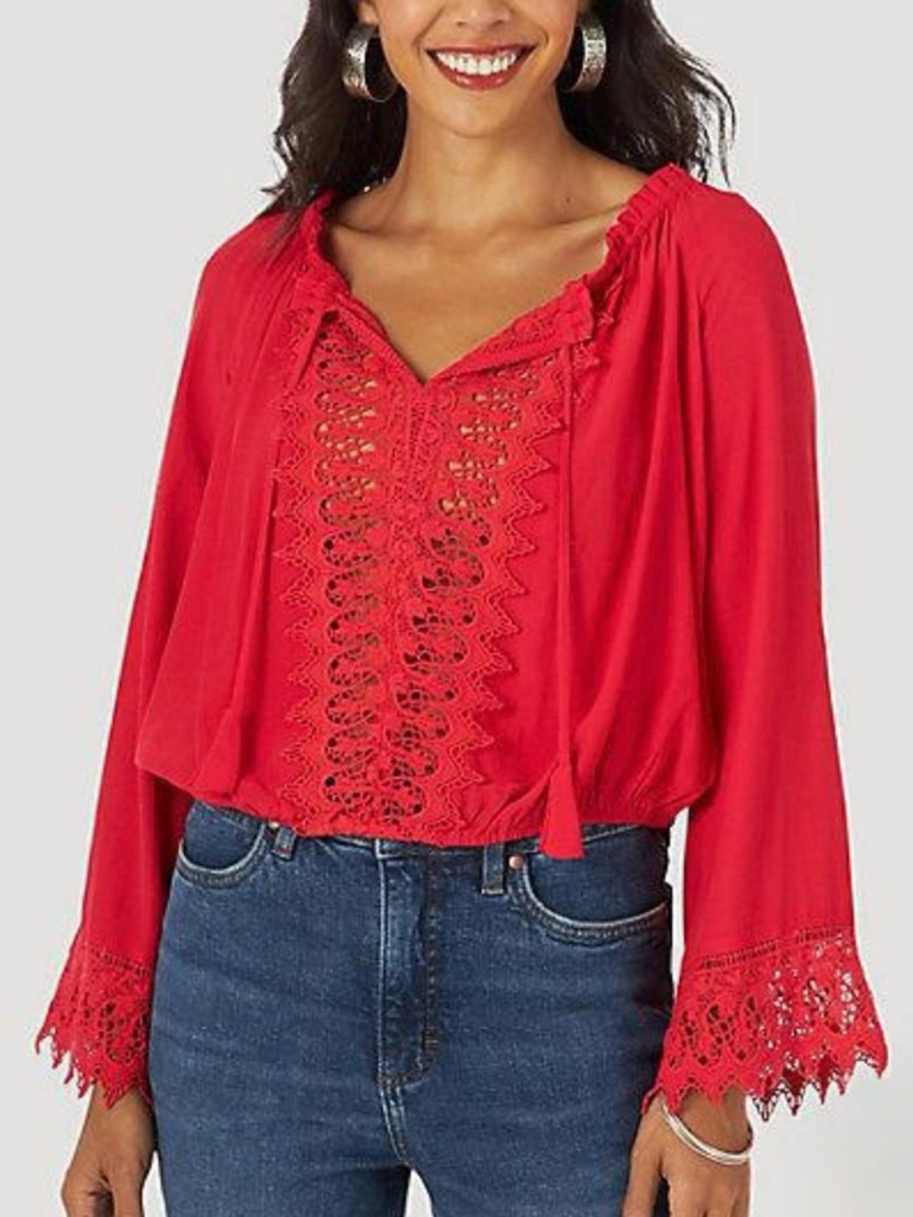 Wrangler Red Crochet-Paneled Peasant Blouse